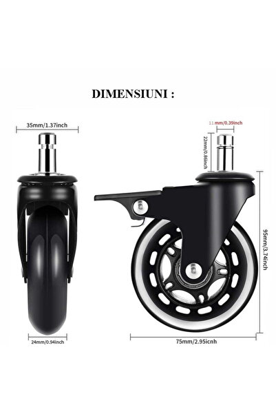 buz Set de 5 roți din silicon pentru scaun de birou/gaming, 3 inch, cu frână