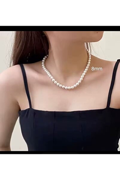Arescollection LÜX 8 MM 1.KALİTE PARLAK KREM RENGİ ŞIK KADIN İNCİ KOLYE