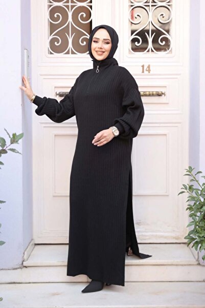 N.S NEVA STYLE Ribbed Black Knitwear Hijab Double Set 17207S