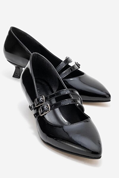 CCWAY AYAKKABI حذاء نسائي بكعب عالٍ مكون من قطعتين؛ جلد أسود لامع