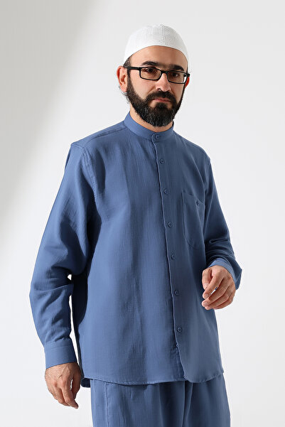 ihvan online Мъжка муселинова риза с дълги ръкави и яка, облекло за хадж и умра - синя (ANS)