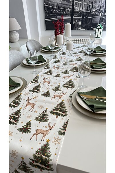 Decamor home Yeni Yıl Temalı Ceylan Desenli Beyaz Yeşil Bej Gold Detaylı Yılbaşı Runner ( PEÇETESİZ )