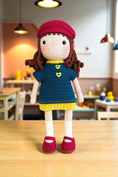 Amigurumi Kumral Kız El Yapımı 32cm – Pamuk İpli, Kaliteli Dekoratif Oyuncak