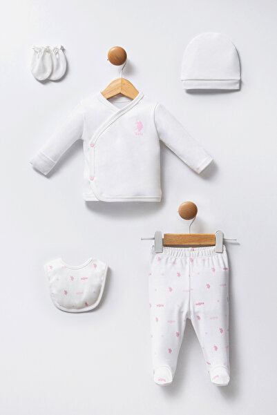 U.S. Polo Assn. Baby Girl White Hospital Release 100% Cotton 5-Piece Bodysuit...