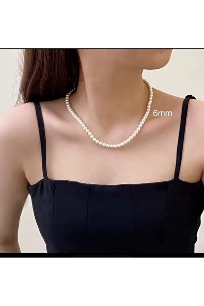 Arescollection LÜX 6 MM 1.KALİTE PARLAK KREM RENGİ ŞIK KADIN İNCİ KOLYE
