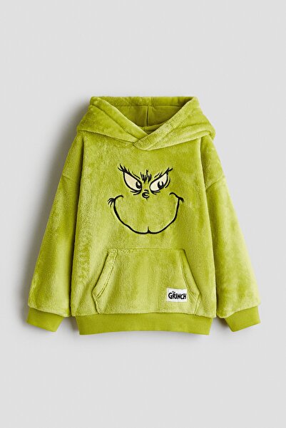 H&M İşleme Motifi Bulunan Tüylü ve Kapüşonlu Üst