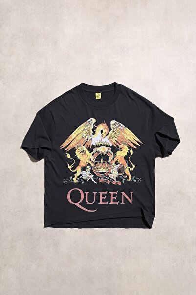 Overdrive Tricou cu mânecă scurtă, negru, oversize, cu logo-ul Queen Band – Tricou retro rock din bumbac 100%.