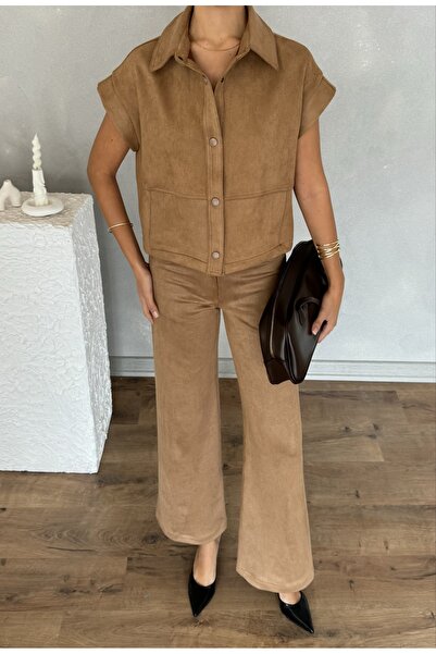 Nesil Women's Suede Suit with Vest and Pants