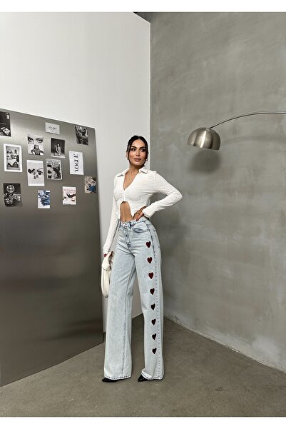 Lila Moda Жіночі джинси з високою талією, широкими штанинами та деталями у вигляді сердечок