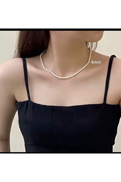 Arescollection LÜX 4 MM 1.KALİTE PARLAK KREM RENGİ ŞIK KADIN İNCİ KOLYE