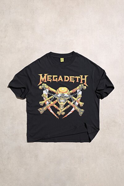 Overdrive Megadeth Skull Crossbones Unisex Heavy Metal Rock Siyah Oversize Kısa Kol Tshirt