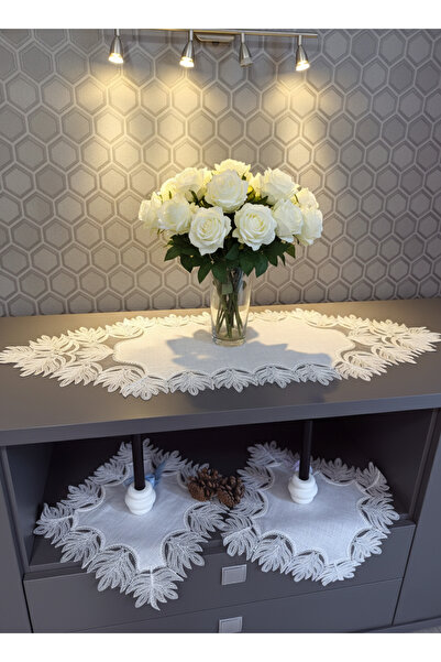 Valora Concept Fransız Dantelli Ezgi Model Keten Gardenya Lüks 3'lü Runner Salon Oda Sehpa Örtüsü