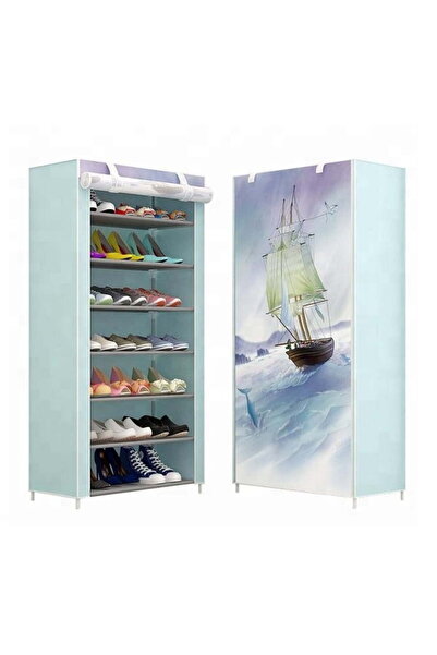 buz Modern shoe cabinet (holds 21 pairs) – 7 shelves, steel frame, blue textile with boat design