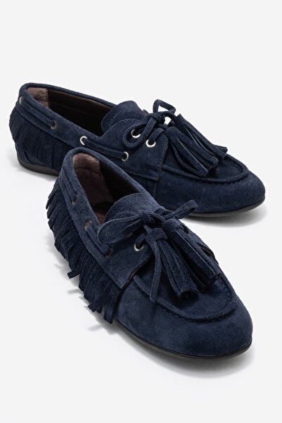 LuviShoes Fenora Navy Blue Suede Genuine Leather Fringed Tassel Women Loafer Shoes