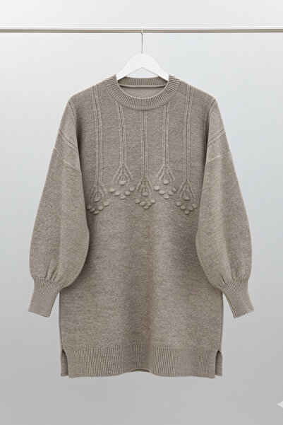 Kirazgym Crew Neck Tunic Sweater with Stripe and Embossed Detail