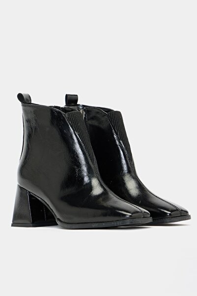 Madamra Black Patent Leather Women's Patent Leather Blunt Toe Heeled Short Boots – Shiny Leather Modern Form