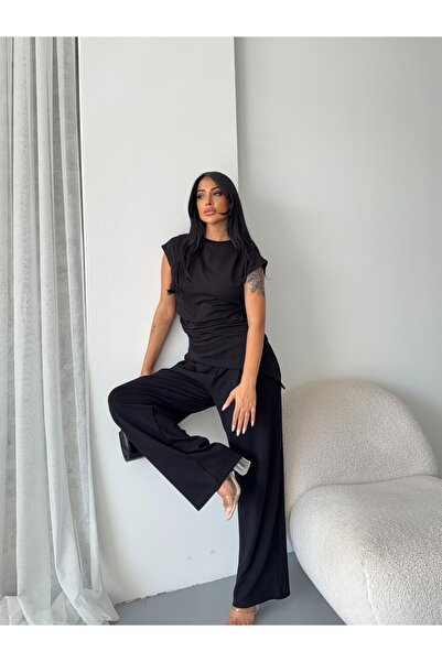 CARLA MARA Asymmetrical Blouse and Pantalon Set Black