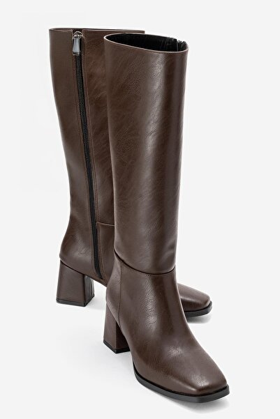 CCWAY AYAKKABI Sade Küt Burunlu Topuklu Kadın Çizme KAHVE CİLT