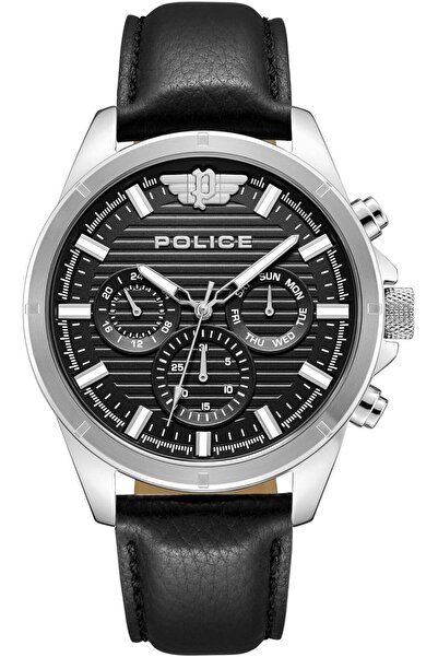 Police ساعة مالاوي متعددة الوظائف للرجال مقاس 45 مم - مينا أسود ساتان، هيكل م...