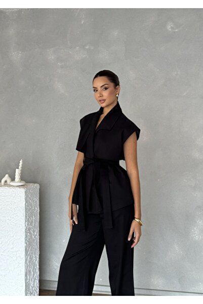 Nesil Windbreaker Detailed Belted Sleeveless Women's Stylish Classic Daily Engagement Wedding Pants Vest Set