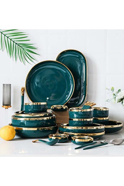 oludeniz Elegant Marble Gold Rim 18-Piece Dinnerware Set for 3-4 People - Premium Porcelain Set