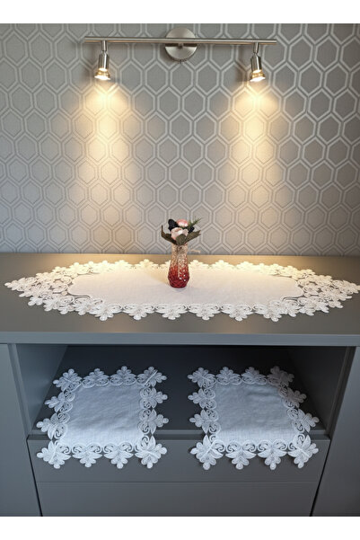 Valora Concept Fransız Dantelli Bahar Dalı Model Keten Gardenya Lüks 3'lü Runner Salon Oda Sehpa Örtüsü