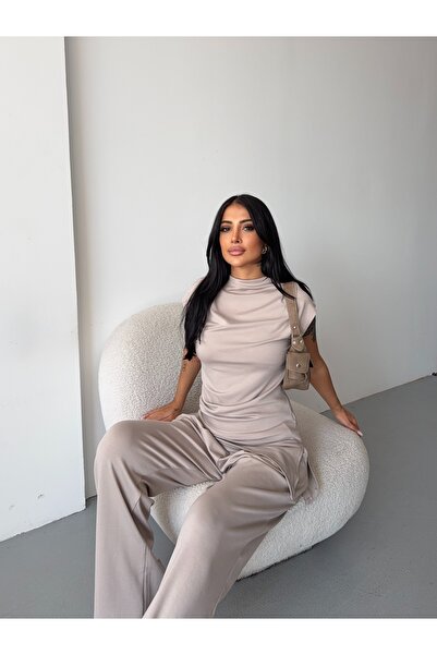 CARLA MARA Asymmetrical Blouse and Pantalon Set Beige