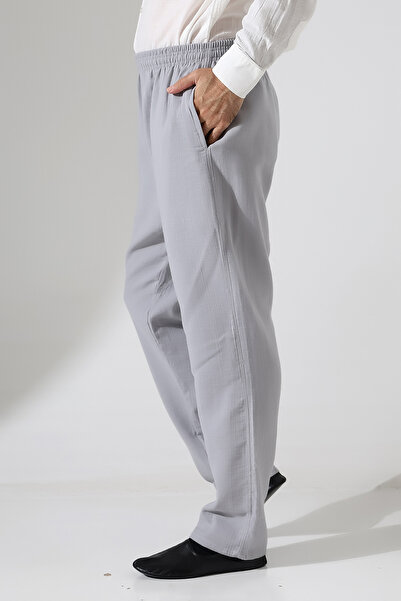 ihvan online Чоловічі еластичні штани з кишенями на поясі для хаджу та умри з мусліну - сірі (ANS)