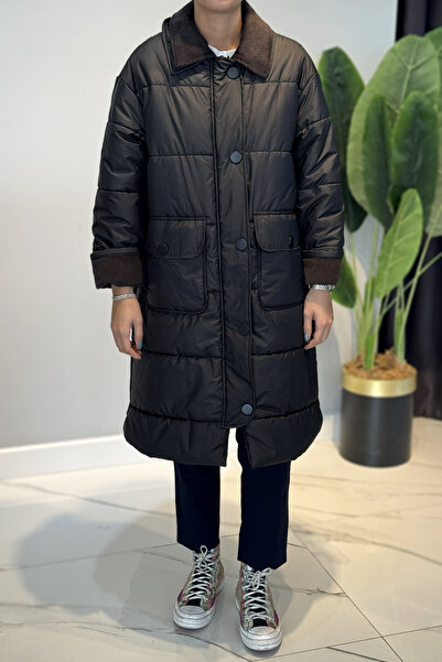 Lale Butik Corduroy Garnished Long Puffer Coat 35691 Black