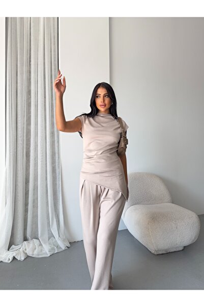 CARLA MARA Asymmetrical Blouse and Pantalon Set Beige