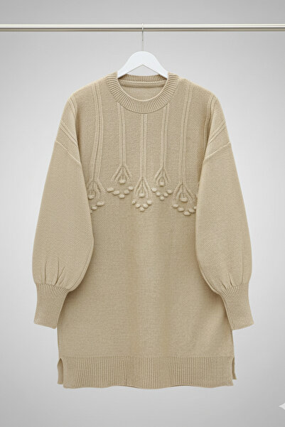 FERHEL Crew Neck Tunic Sweater with Stripe and Embossed Detail
