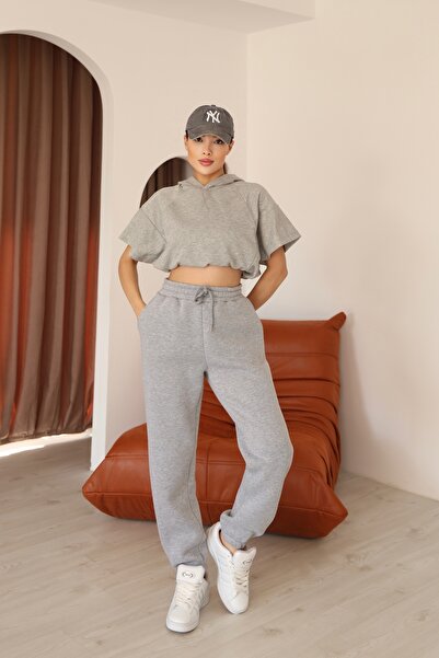 MOVİMENT Women's Gray Melange Moon Sleeve Hooded Relaxed Fit Knitted Crop Sweatshirt