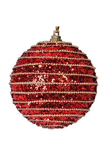 SHOPIENS Set globuri de Crăciun cu dungi roșii și lanț auriu, 8 cm - 6 buc