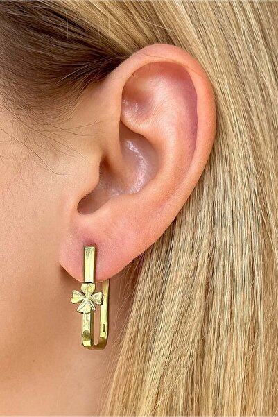 TAKIŞTIR أقراط من الفولاذ على شكل البرسيم باللون الذهبي (زوج)