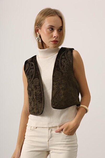 Chef d'atelier Kadın Etnik Desenli İşlemeli Kadife Yelek