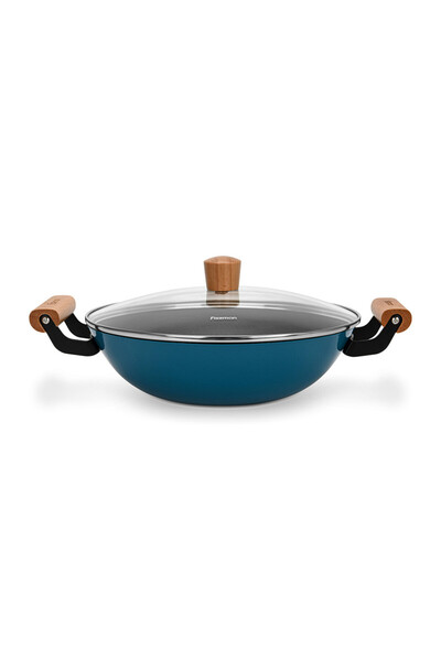 Fissman Wok Seagreen 28cm/4LTR with Glass Lid Enamelled Lightweight Cast Iron with Non-stick Coating