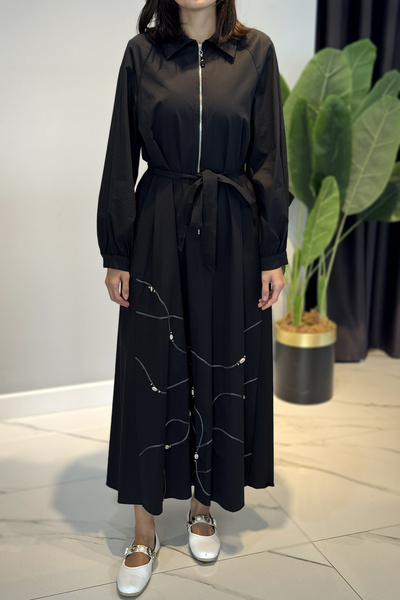 Ceremony Half Placket Zippered Poplin Dress 5779 Black