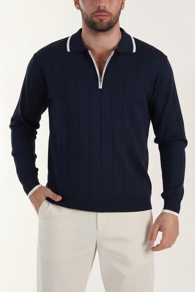 MENOFOURSWEAR سترة تريكو رجالية عالية الجودة بأكمام طويلة وياقة بولو باللون ا...