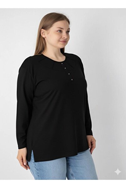 Orly More Viscose Fabric Mini Slit Plus Size Long Sleeve Mother Combed Cotton Blouse with Collar and Button Detail