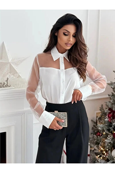 Butik Women's Long Sleeve Collared Front Buttoned Tulle Detailed Woven Viscose Blouse