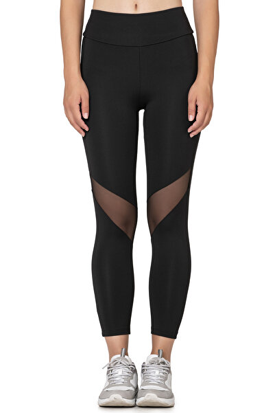 ÖZKAN underwear Özkan 27720 Women's Black Interlock Fabric Tulle Detailed High Waist Long Leggings Flexible Comfortable