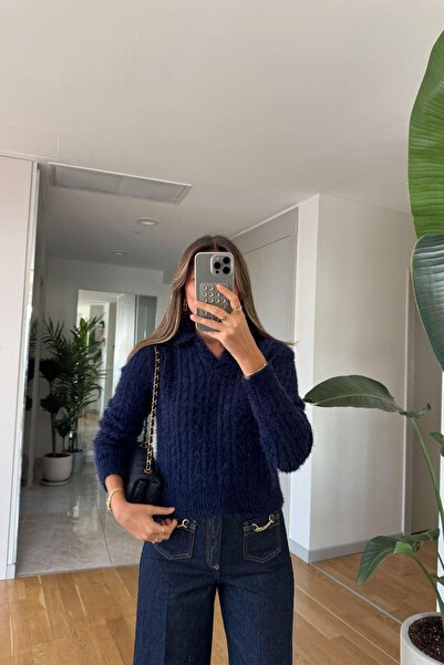 Polo State Women's Polo Neck Hair Braided Knitwear Sweater Navy Blue