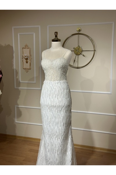 MODA İnci Dantelli Gelinlik-Balık Model Gelinlik-Sırt Dekolteli Gelinlik-İnci Detay Nikahlık-Gelinlik
