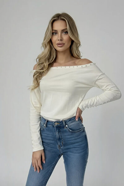 oshebu Women's Pearl Detailed Asymmetrical Cut Blouse