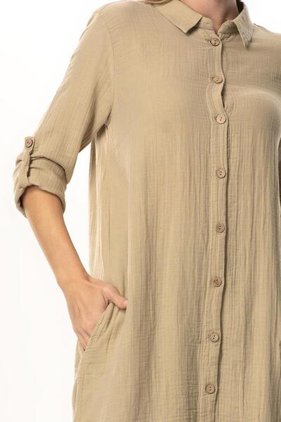 Eliş Şile Bezi Long Sleeve Shirt Collar Hafsa Muslin Summer Tunic Mink Vzn