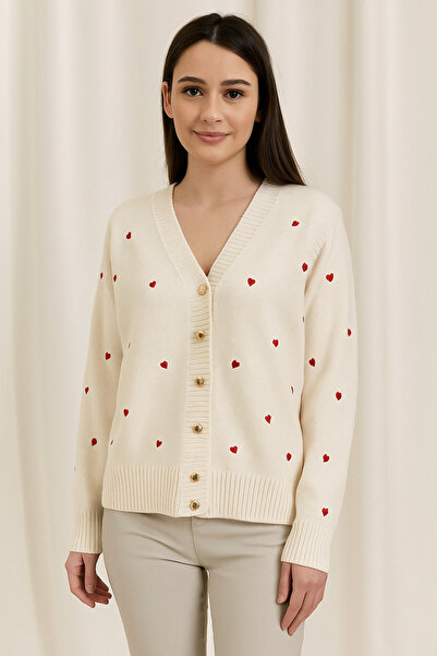 hayal giyim Heart Embroidered Buttoned V-Neck Knit Cardigan - White