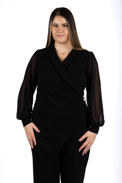 MEDOL GİYİM Kadın Büyük Beden Kruvaze Yaka Şifon Kol Bel Düğme Detaylı Bluz Esnek Pantolon Abiye Takım 2508