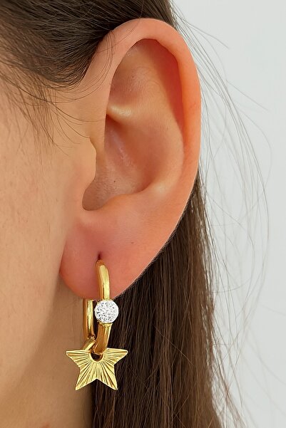 TAKIŞTIR Gold Color Star Figured Stone Detailed Steel Earrings (Pair)
