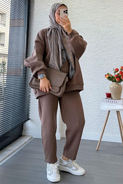MELEK ARAZ Σετ φούτερ Oversize με παντελόνι Shalwar – Καφέ