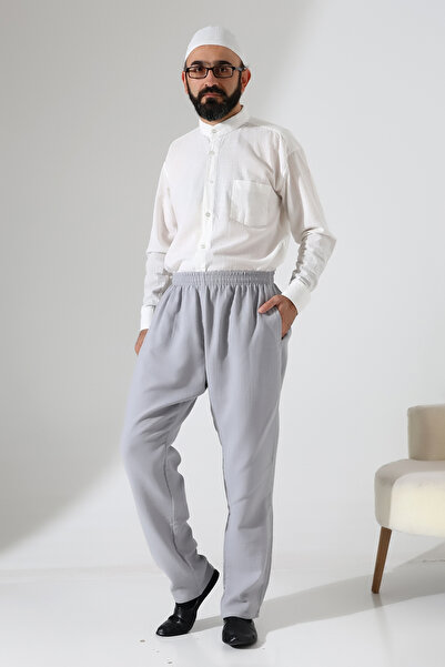 ihvan online Чоловічі еластичні штани з кишенями на поясі для хаджу та умри з мусліну - сірі (ANS)